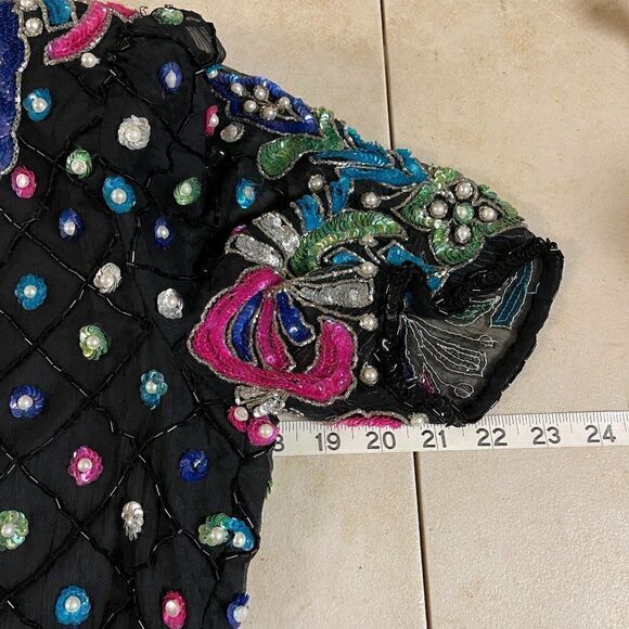 Vintage Sweelo Sequined Party Cocktail Black Pink Top Small - Picture 12 of 14